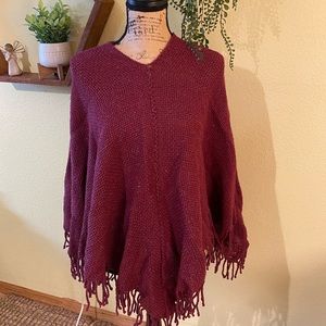 Handmade knitted sweater poncho dark red purple maroon